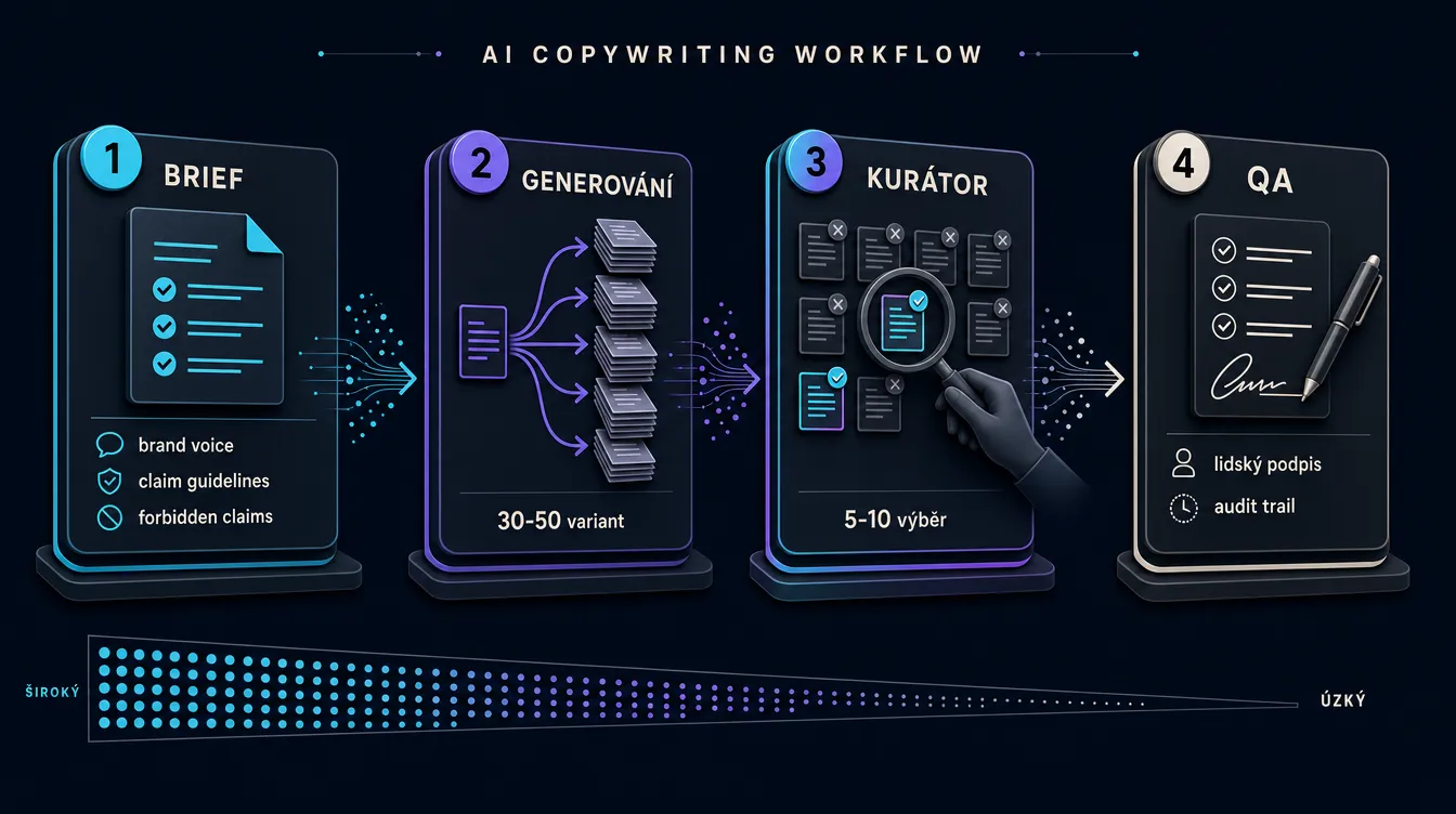 Infografika AI copywriting workflow ve čtyřech krocích: Brief, Generování, Kurátor, QA. Trychtýř ukazuje filtr ze 30–50 variant na 5–10 publikovaných.