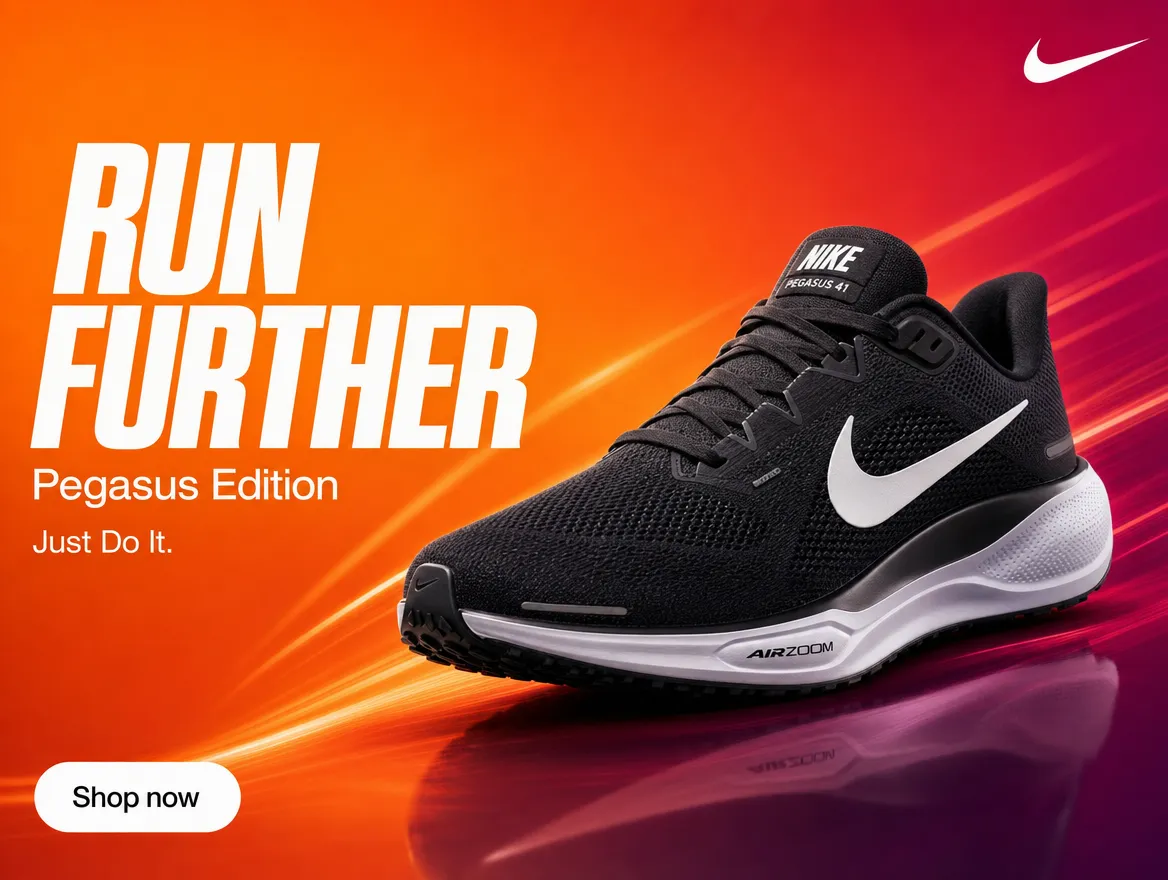 Display banner pro Nike Pegasus běžecké boty s headline RUN FURTHER, sub-headline Pegasus Edition, taglinem Just Do It., CTA tlačítkem Shop now a Nike swoosh logem v pravém horním rohu, na oranžovo-magenta gradientu s motion liniemi.