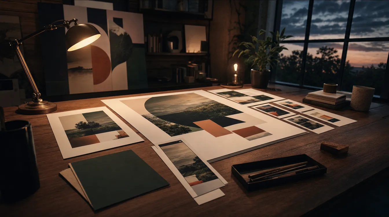 Atmosférická scéna kreativního studia s master bannerem na velké pracovní stěně a kolem rozloženými variantami pro různé formáty kampaně.