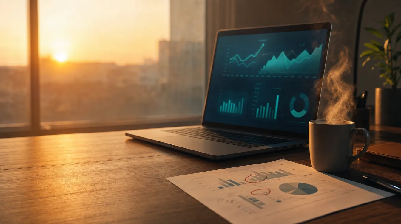Ranní marketing dashboard se zlatým světlem na obrazovce a otevřeným notebookem, vedle hrnek kávy a tištěný report s vyznačenými anomáliemi.