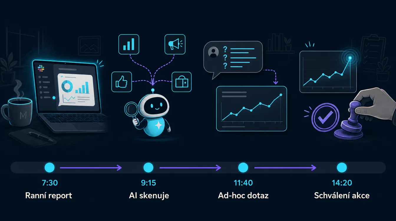 Den s AI reporting agentem: timeline od 7:30 ráno do 14:20 odpoledne se čtyřmi scénami, ranní report, AI skenuje data, ad-hoc dotaz v Lookeru a schvalovací krok marketéra.