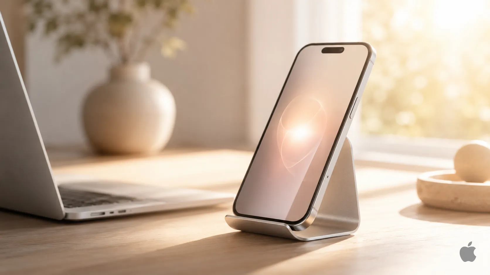 Atmosférická scéna ranního pracovního stolu s iPhonem a notebookem, naznačující nového hlasového asistenta.