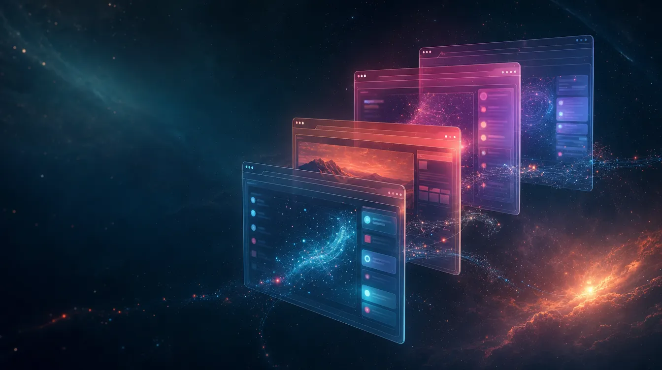 Editorální atmosférický obraz čtyř průsvitných futuristických oken vznášejících se v tmavém prostoru s magenta a cyan akcenty, symbolizující soupeření AI prohlížečů v roce 2026.