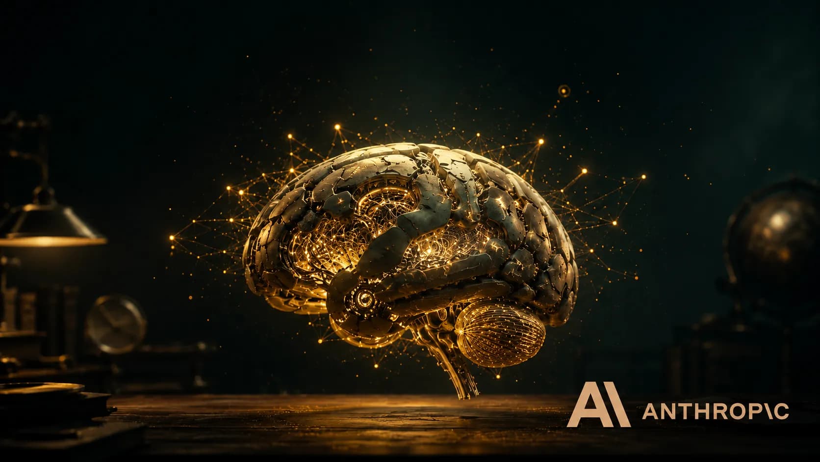 Editoriální scéna s mechanickým mozkem ze zlata a tmavého kovu, který se vznáší nad pracovním stolem, vpravo dole logo Anthropic.