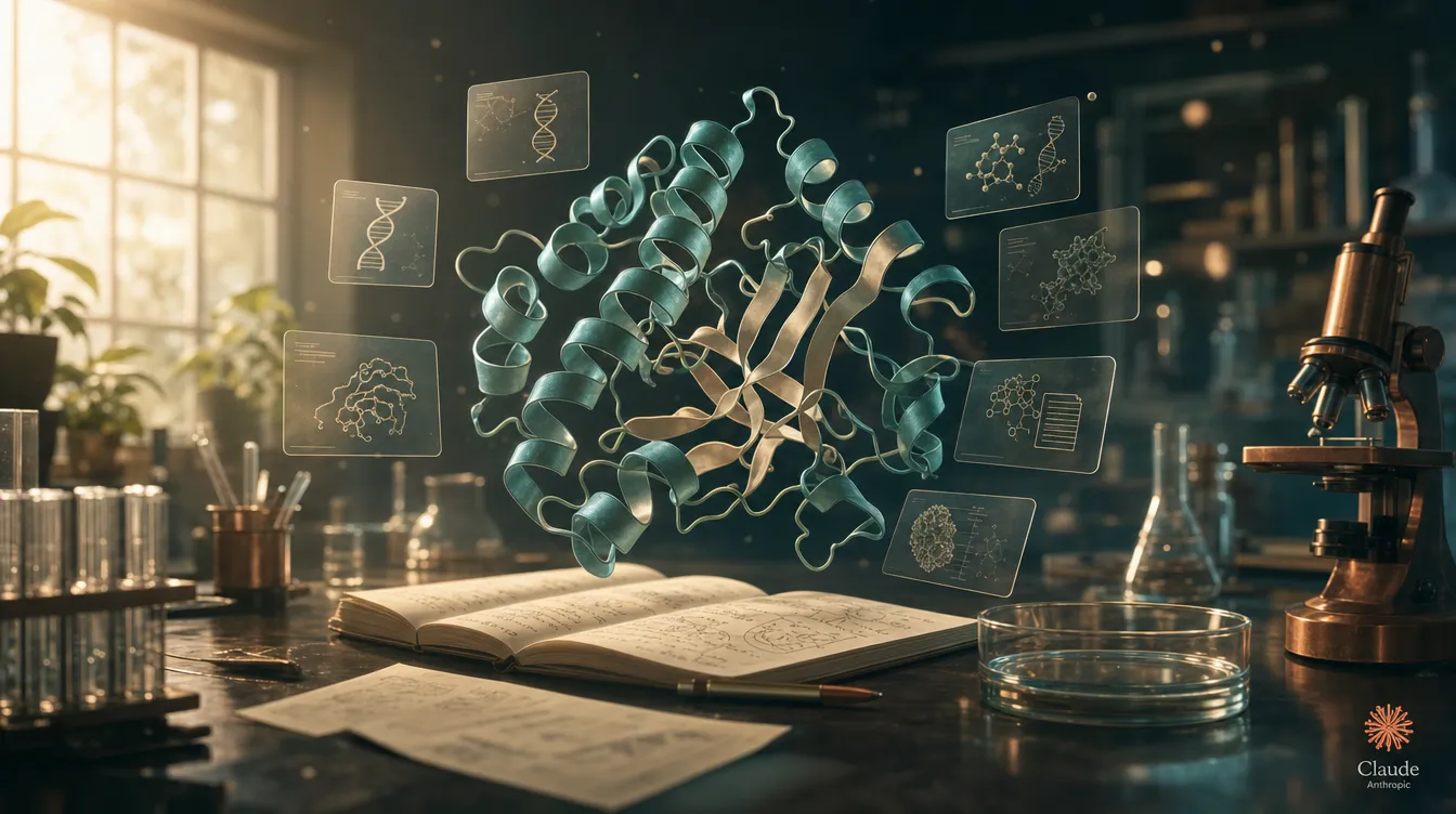 Editoriální scéna: laboratorní stůl se svítícím 3D modelem proteinu, kolem plovoucí kartičky databázových symbolů, vpravo dole logo Anthropic, teplá zemitá paleta.