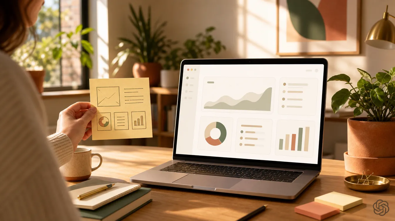 Ruka drží nakreslenou skicu dashboardu na lepíku, vedle na notebooku svítí ta samá struktura už jako hotová aplikace. Teplá kancelářská scéna v odpoledním světle, logo OpenAI v pravém dolním rohu.