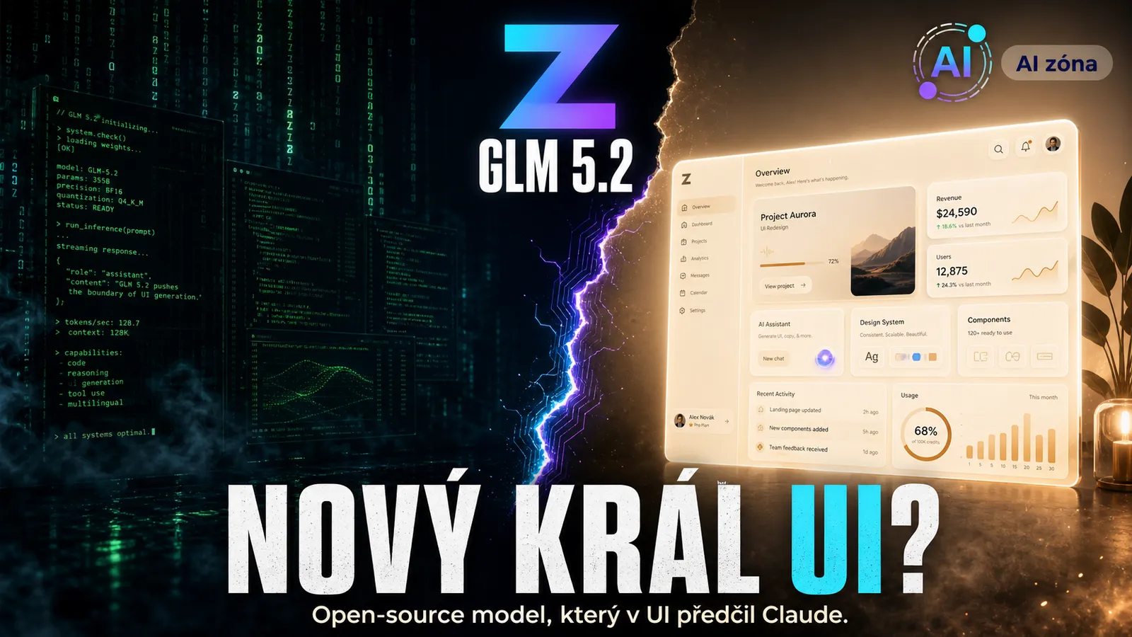 Filmový plakát: tmavá coding scéna přechází v rozsvícené UI komponenty, titulek GLM 5.2 v condensed fontu, logo Z.ai vpravo dole.