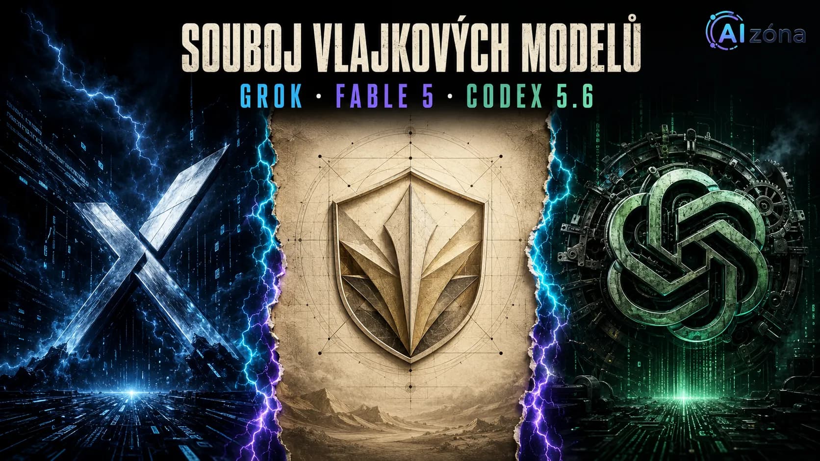 Filmový plakát: tři siluety vlajkových lodí proti sobě přes prasklinu se svítící cyan a fialovou linkou, každá nese emblém jedné AI firmy.