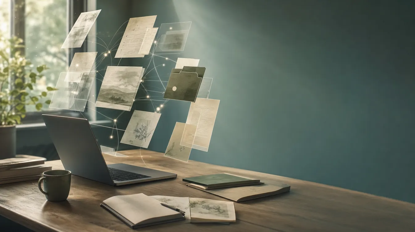 Atmosférická editorial scéna moderního pracoviště s otevřeným notebookem a dokumenty splývajícími do propojené znalostní vrstvy v tlumené šalvějově-pískové paletě.