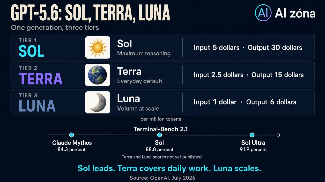 Infografika porovnává tři modely GPT-5.6: Sol jako nejsilnější a nejdražší, Terra jako výchozí střední třída, Luna jako nejlevnější a nejrychlejší varianta pro objem, s benchmarkem Terminal-Bench 2.1 a cenou za milion tokenů.