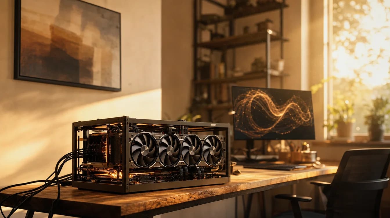 Atmosférická scéna domácí AI workstation s vícekartovým GPU rigem na dřevěném stole v teplém světle moderního pracovního studia.