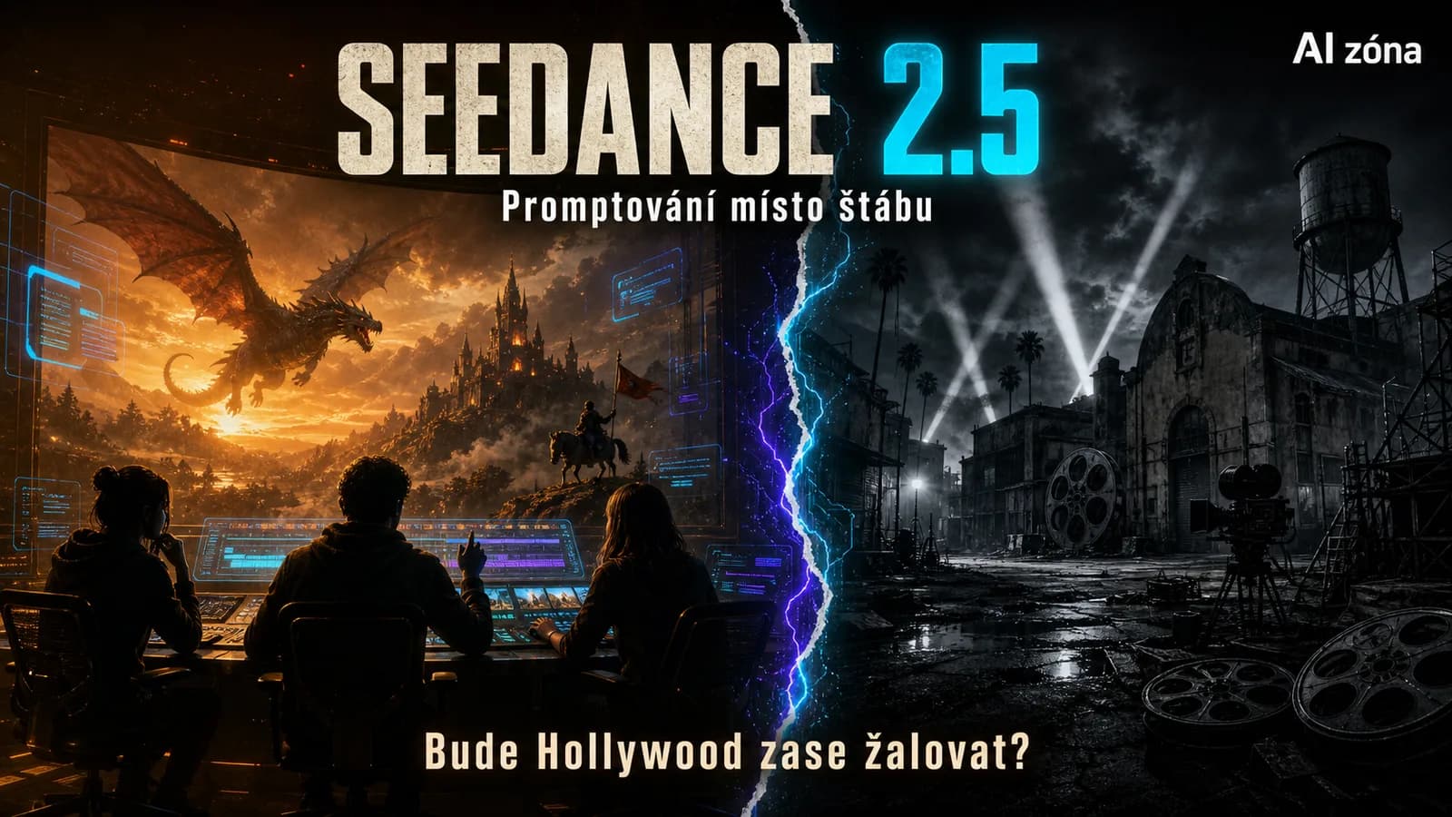 Filmový plakát: produkční tým režíruje AAA scénu jen pomocí promptů, na pozadí stín hollywoodského studia.