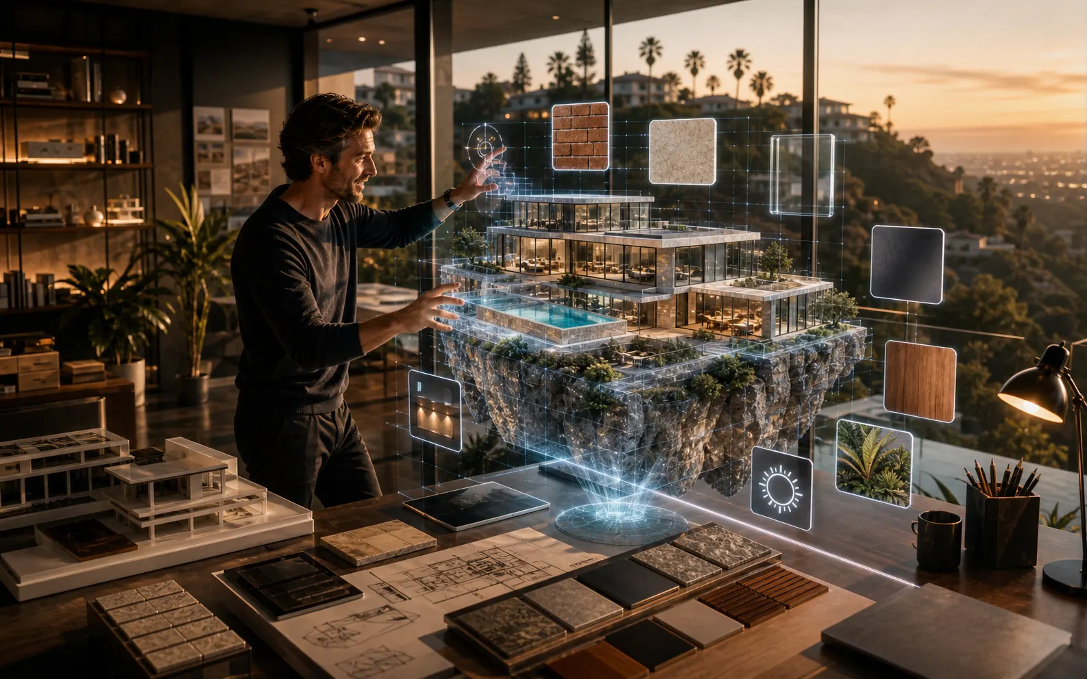 Nadšený architekt v realistickém 3D prostoru navrhuje luxusní vilu na útesu v Beverly Hills a vybírá materiály kolem holografického modelu.